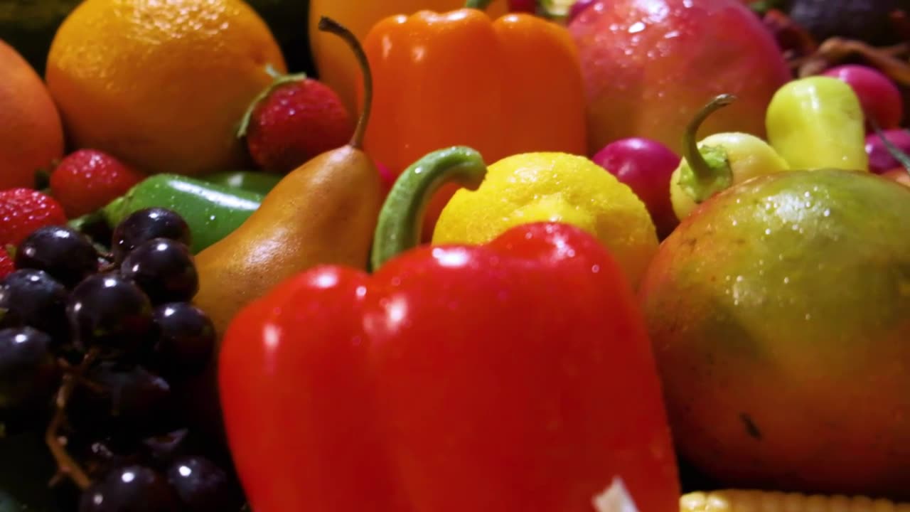 Surface covered with many fruits and vegetables seen in detail