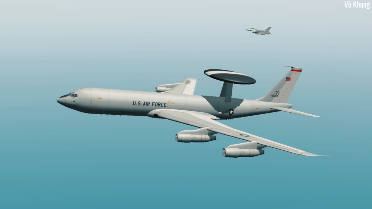 F-16 fighter escorts E-3B Sentry reconnaissance aircraft