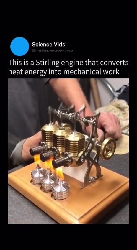 Watch the Stirling engine convert heat energy into mechanical work.
