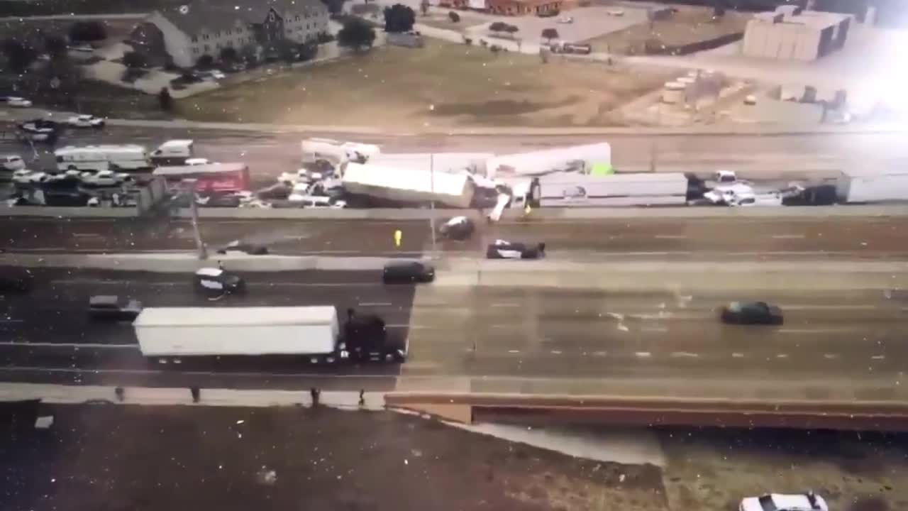 Aftermath Of Fort Worth, Texas Car Pileup -Aerial View Of Accident