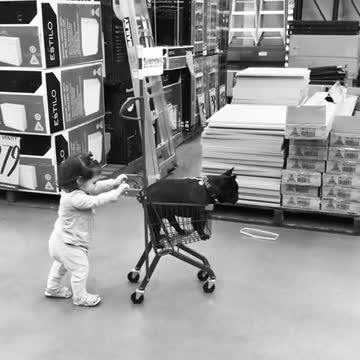 Pequeña lleva a su perrito en un carrito de comprar