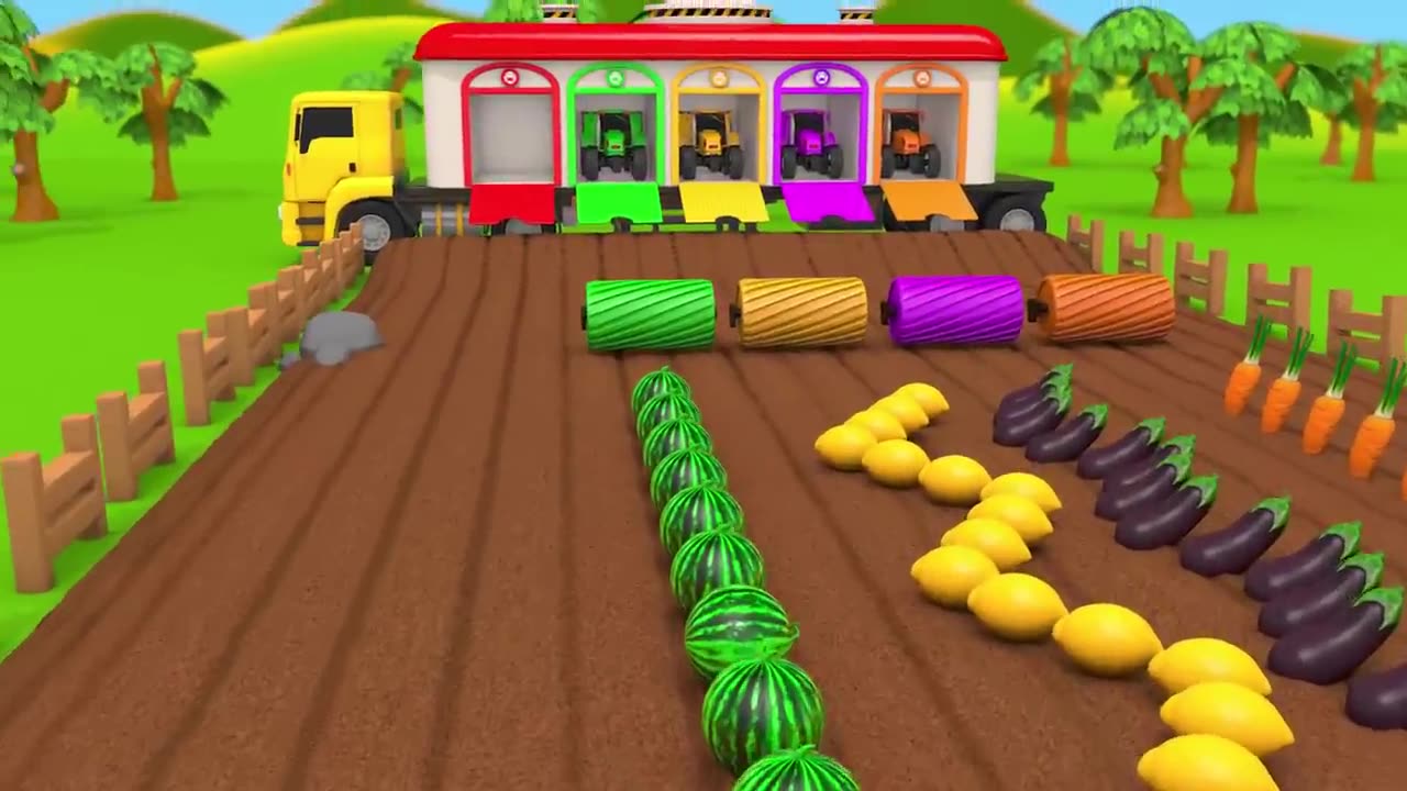 Harvesting fruits and vegetable with ractors learn colours for kidz