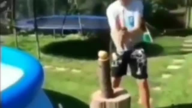 Hilarious man cutting pool .