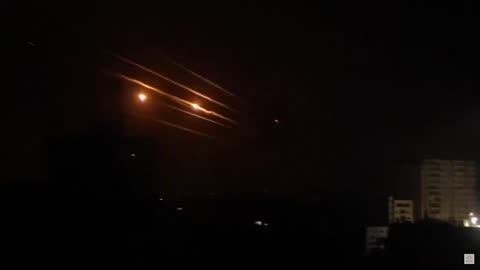 Outgoing Hamas rocket salvo launched from the Gaza Strip towards Israel