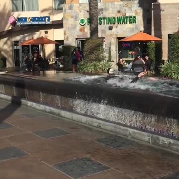 Wetsuit backwards hat guy boogie boards in mall fountain