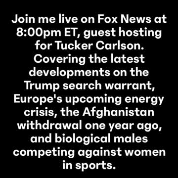 Join me live on Fox News 8pm ET! Guest host for Tucker Carlson