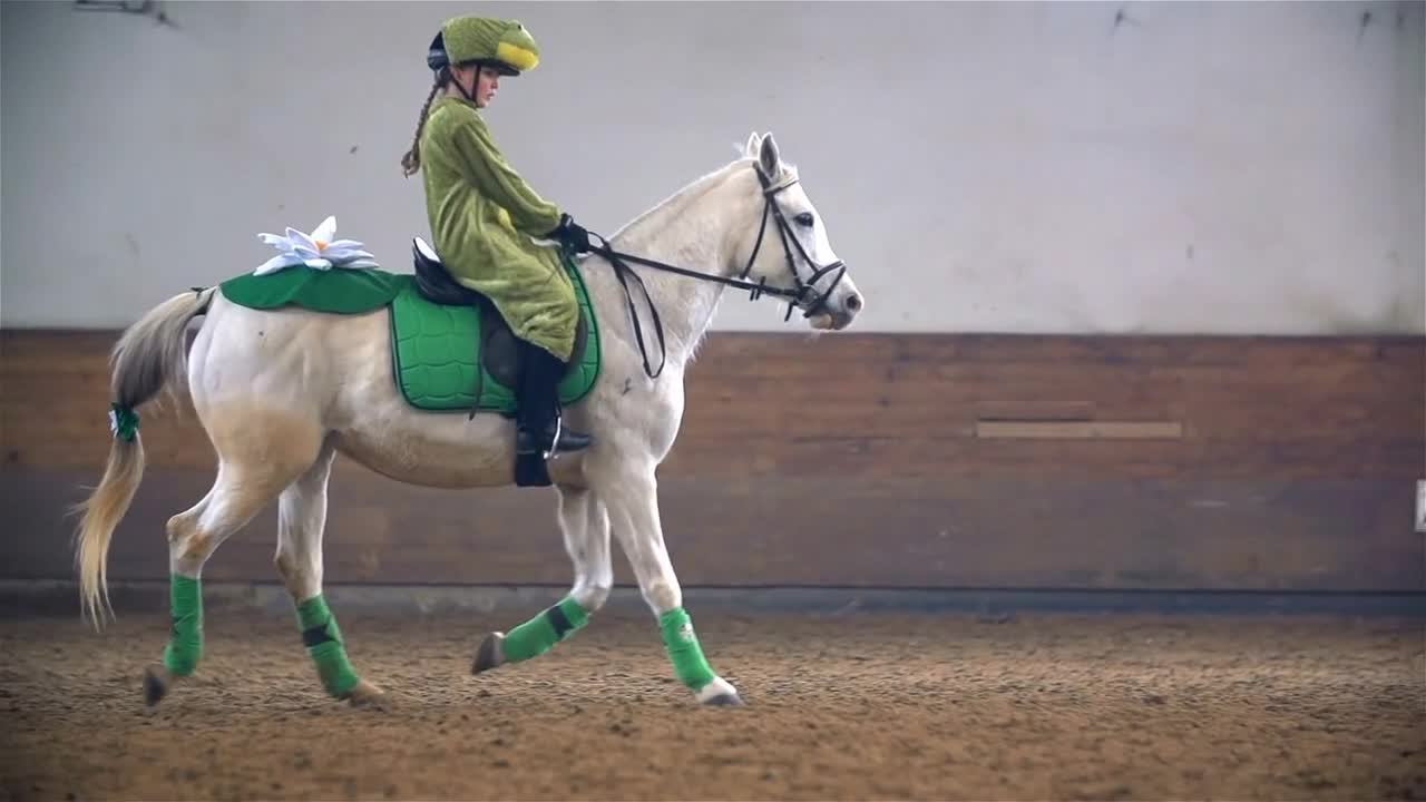 Slow Motion Frog Costume Riding White Horse in Riding Hall