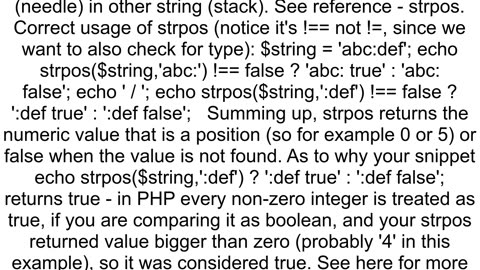 strpos in ternary expression unexpectedly executes false branch when finding a match at the start o