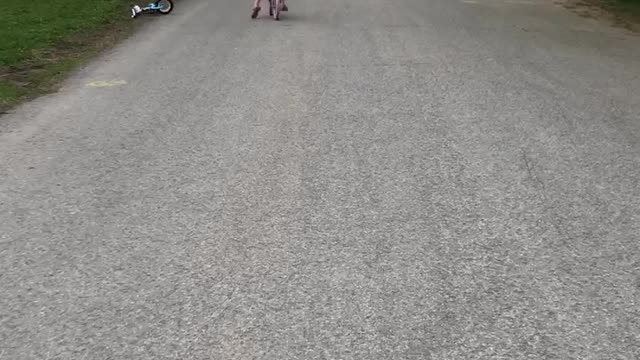 Beginner Bicyclist Slowly Swerves into Sibling