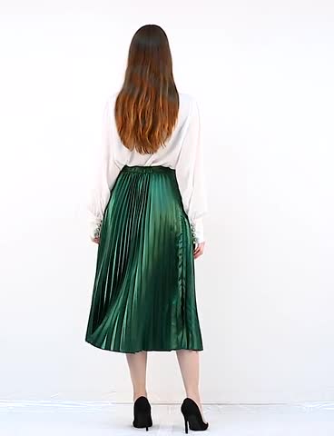 Women's Elastic Waist Party Metallic Shiny Accordion Pleated Midi Skirt