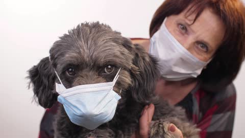 Old woman and her pet wearing mask