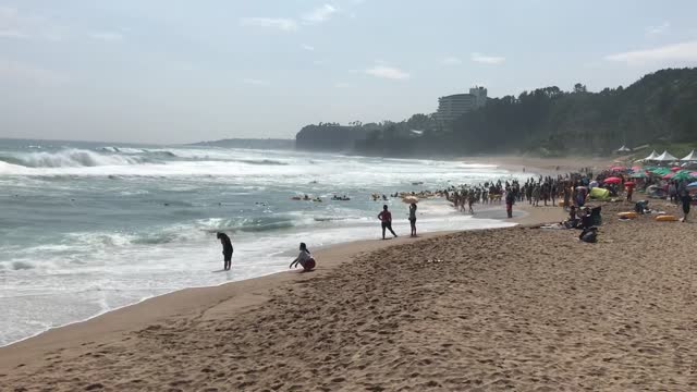 Vacationers playing in the wavy Jeju Island