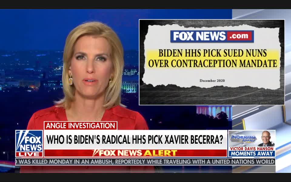 Laura Ingraham "Who Is Biden's Radical HHS Pick Xavier Becerra", February 22, 2021