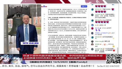 【路德社中共情咨】穆迪下调中共国评级展望至负面，中共财政部立即回应失望上证跌破3000点关口，人民币、铜价应声下跌；12/5/2023【路德/Candy】