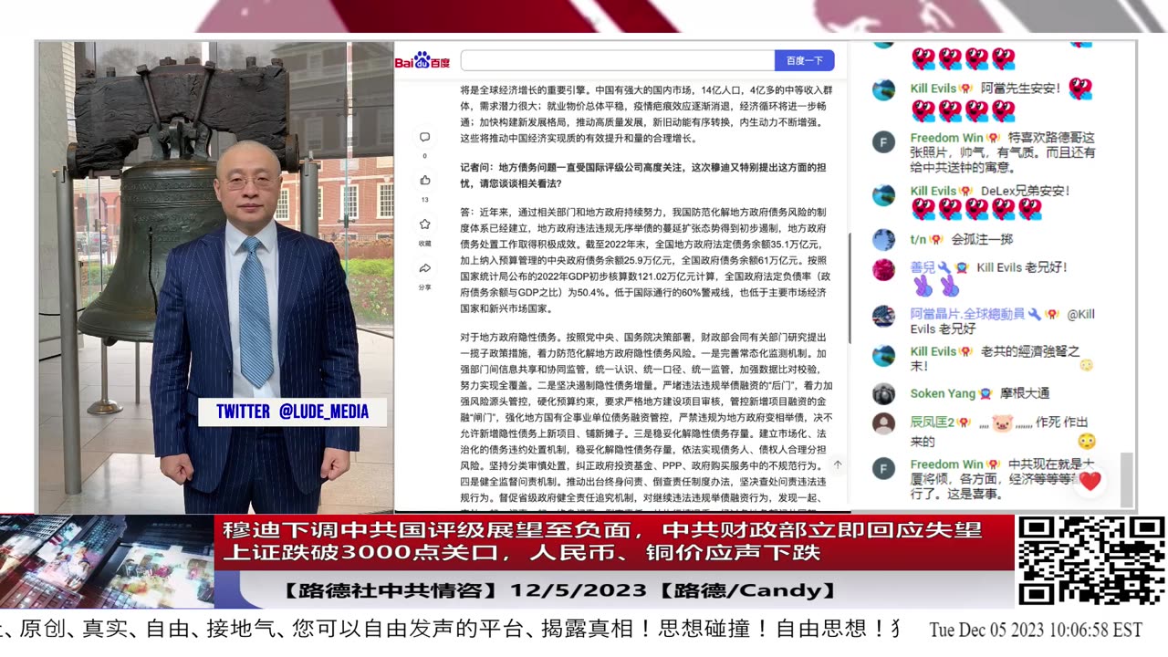 【路德社中共情咨】穆迪下调中共国评级展望至负面，中共财政部立即回应失望上证跌破3000点关口，人民币、铜价应声下跌；12/5/2023【路德/Candy】