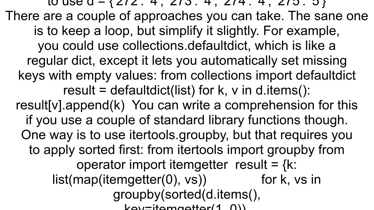 Inverting onetomany mapping using dictionary comprehension