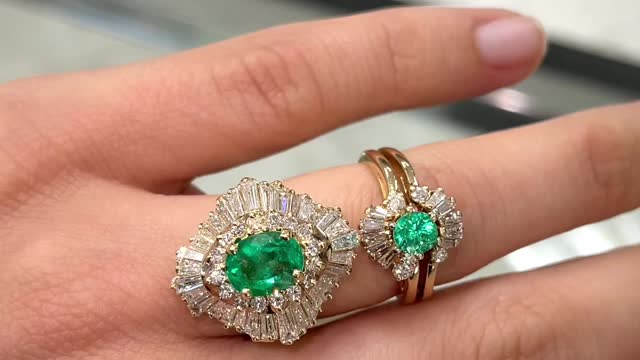 Antique Natural Emerald Vintage Baguettes halo rings for sale in 18K gold