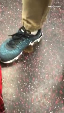 Man doesn't know he's stepped in dog poop on subway