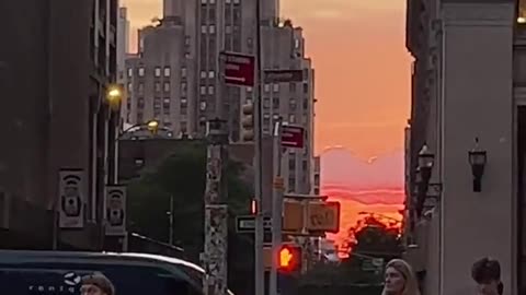 New York street scene at sunset