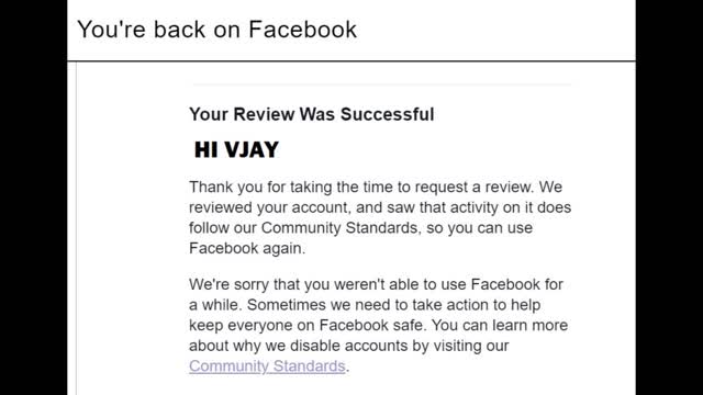 You're Review Was Successful You're Back On Facebook