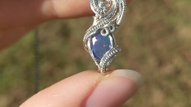 Black Opal and Silver Wire Wrap Necklace