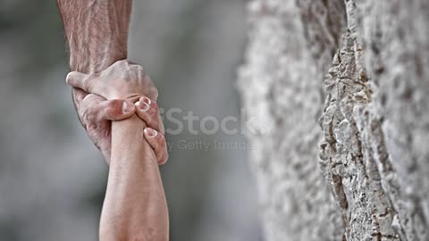 SLO MO LD Male and female climber's hand holding each other