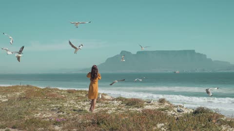 Woman Trying to Feed Seagulls at the Beach