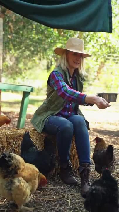 Woman Sitting on Hay Feeding Chickens