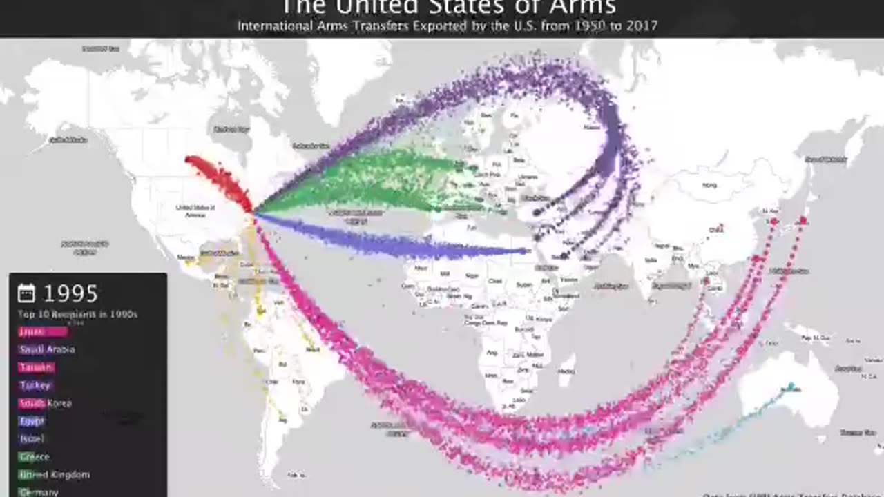 🇺🇸 The number of weapons exported from the US from 1950 to 2017.