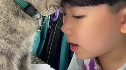 Little kid does his homework with his cat