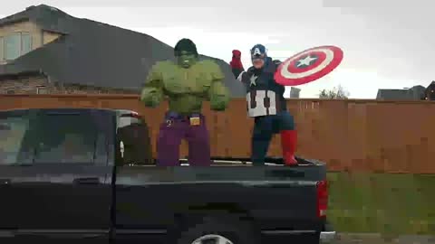 2 heroes hulk & Cap tell the leader to protect Katy Texas at a birthday party with these avengers