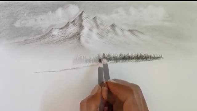 Pencil drawing landscape scenery/ Snow mountain landscape drawing with pencil