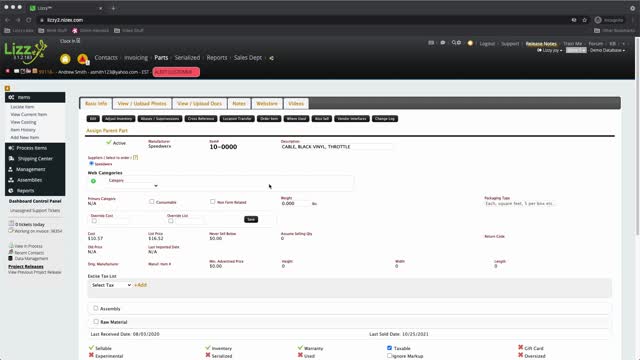 Lizzy DMS - Changing a Parts Bin Location