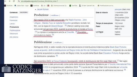 il film Conclave fu finito a marzo 2023 con le nuove esequie annunciate da Bergoglio ad aprile 2024 DOCUMENTARIO Il film è uscito negli Stati Uniti il 25 ottobre 2024 e nel Regno Unito il 29 novembre 2024 in Italia è al cinema dal 19 dicembre 2024