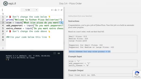 Day-3 Part-34 -Beginner- Coding Exercise Pizza Order Practice - Learn Python