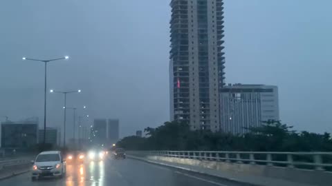 evening susana in a suburb accompanied by raindrops