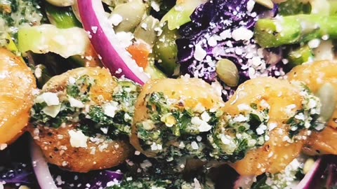 Cumin shrimp on cabbage salad made with lots of veggies!