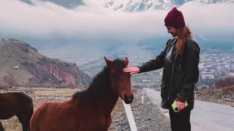 A Woman Petting a Horse