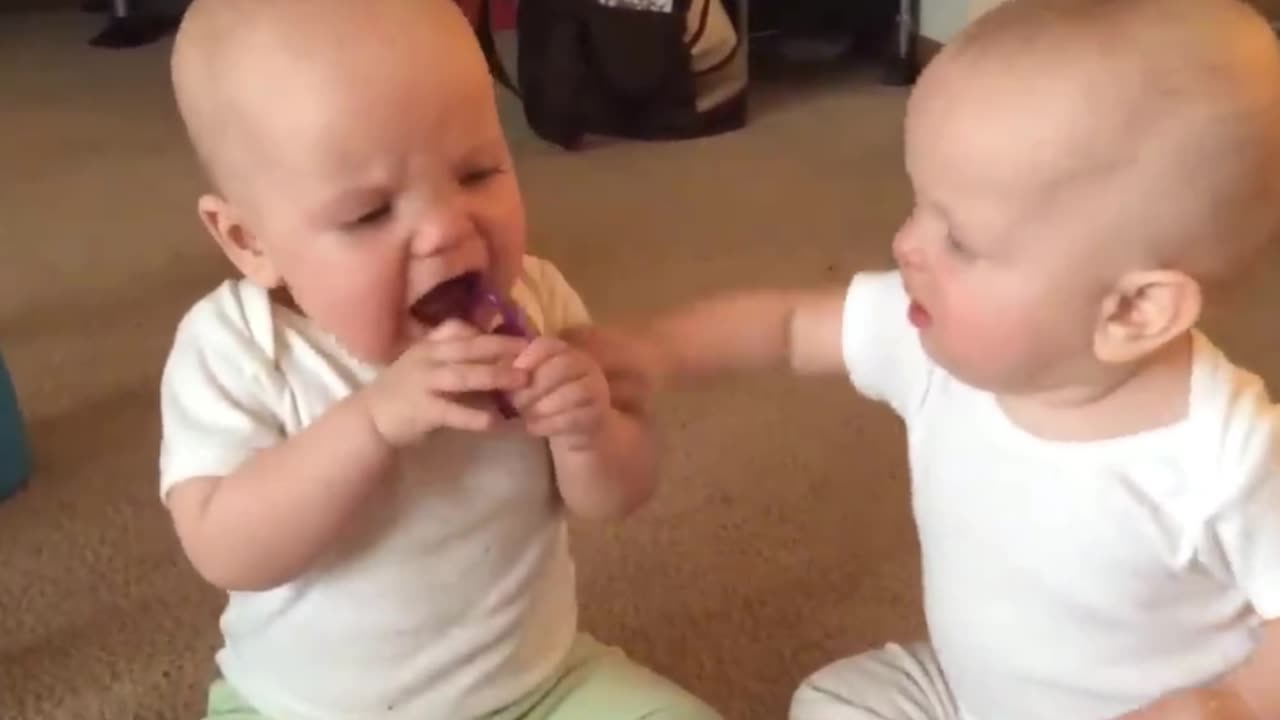 Twin baby girls fight over pacifier