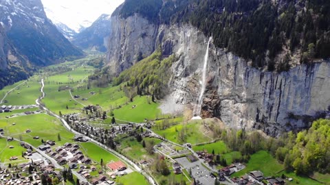 Ariel view of a beautiful waterfall in Switzerland