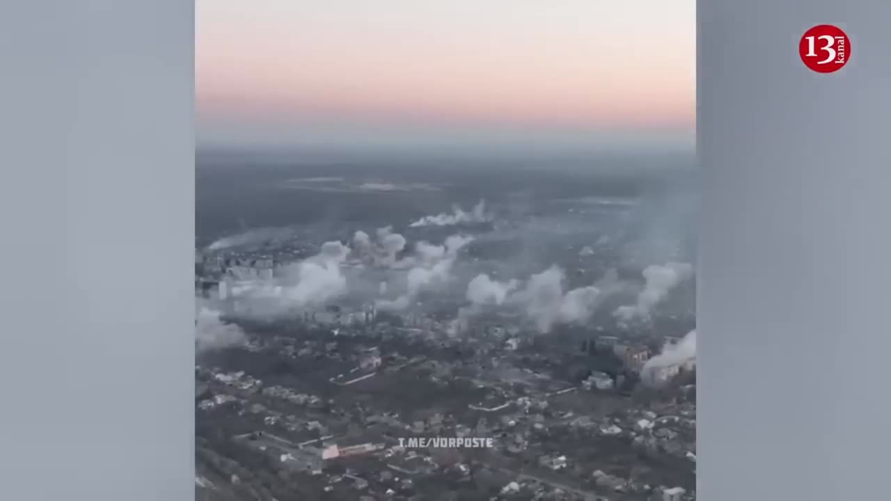 Last drone footage of Bakhmut that was destroyed by Russians - fire and explosions