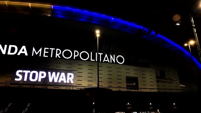 Atletico Madrid's stadium lights up in Ukrainian flag