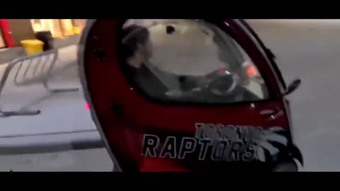 Child predator ROGER tries to escape in a small “ Toronto Raptor” car