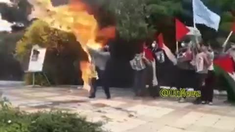 Iranian Jew Hating Muslim lit himself on fire by burning Israel flag