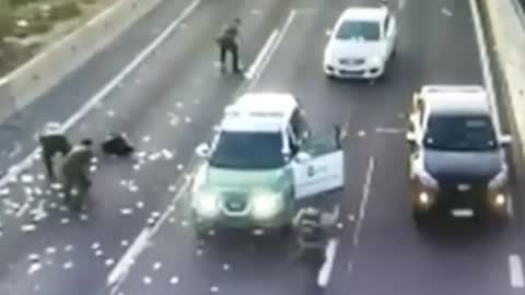 A shop burglary ended in a car chase and money being showered onto a highway