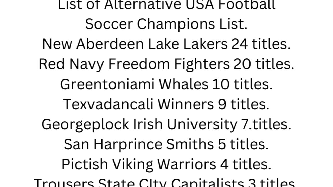 List of Alternative USA Football Soccer Champions List.