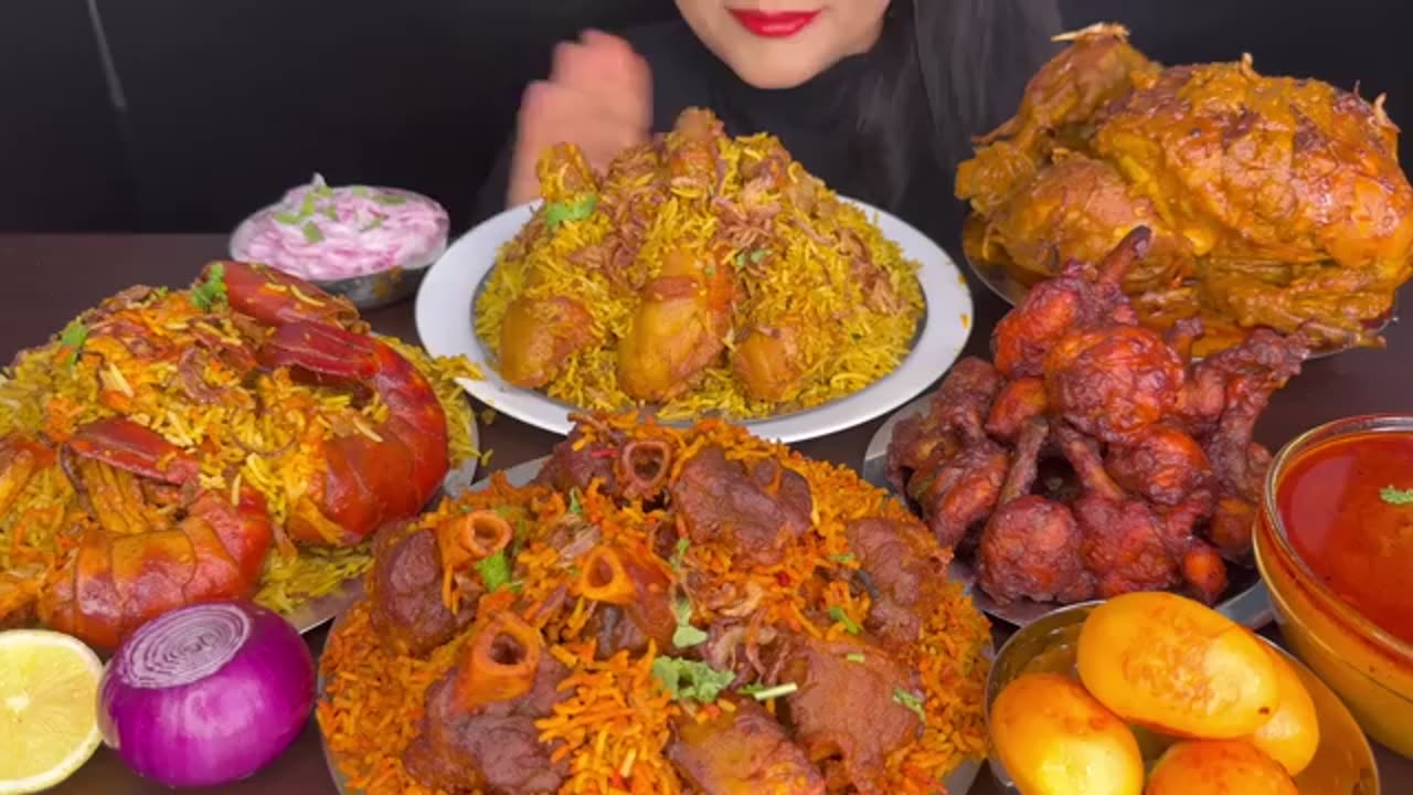 ASMR EATING CHICKEN BIRYANI,MUTTON BIRYANI,PRAWNS BIRYANI,WHOLE CHICKEN CURRY,EGGS,CHICKEN LOLLIPOP