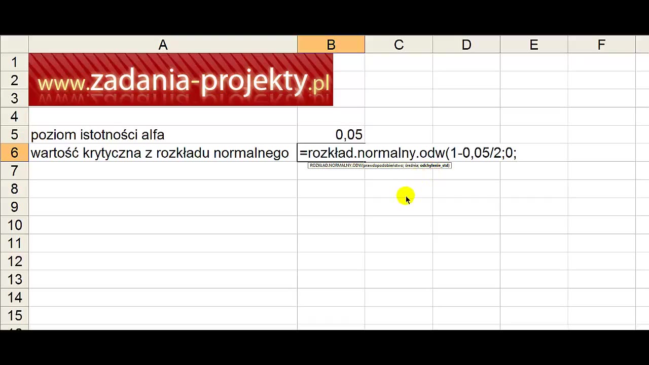 Rozkład normalny - wartość krytyczna z rozkładu normalnego w programie MS Excel