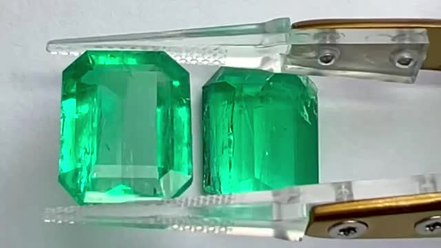 Matching Vivid Green Colombian emerald 21.10 total carat emerald cut Pairs for sale with price gift