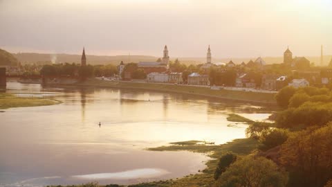 Outdoor aerial photography, capturing the beautiful sunset of the American city in the evening